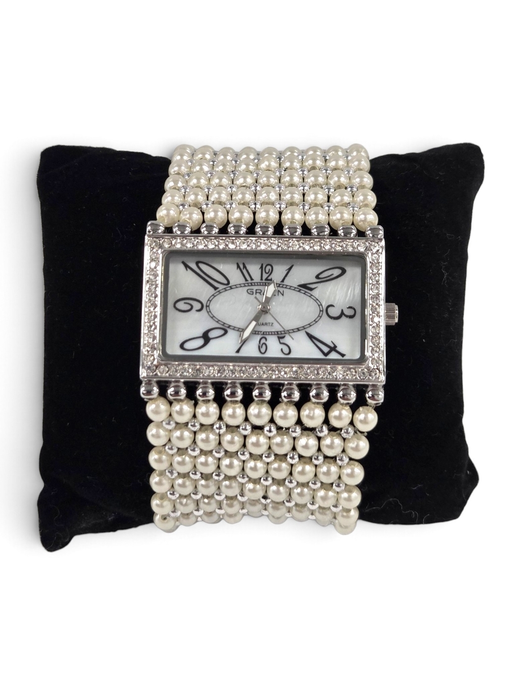 Gruen Womens Pearl Bead Stretch Cuff Watch Rhinestone Bezel Mother of Pearl Dial